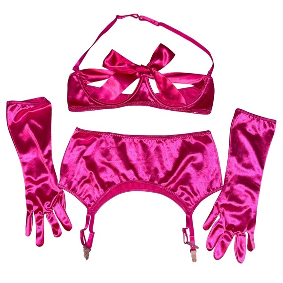Other - Pink Satin Dancer Lingerie Set Open Cup Bra Garter Skirt Gloves‎ 4pc
